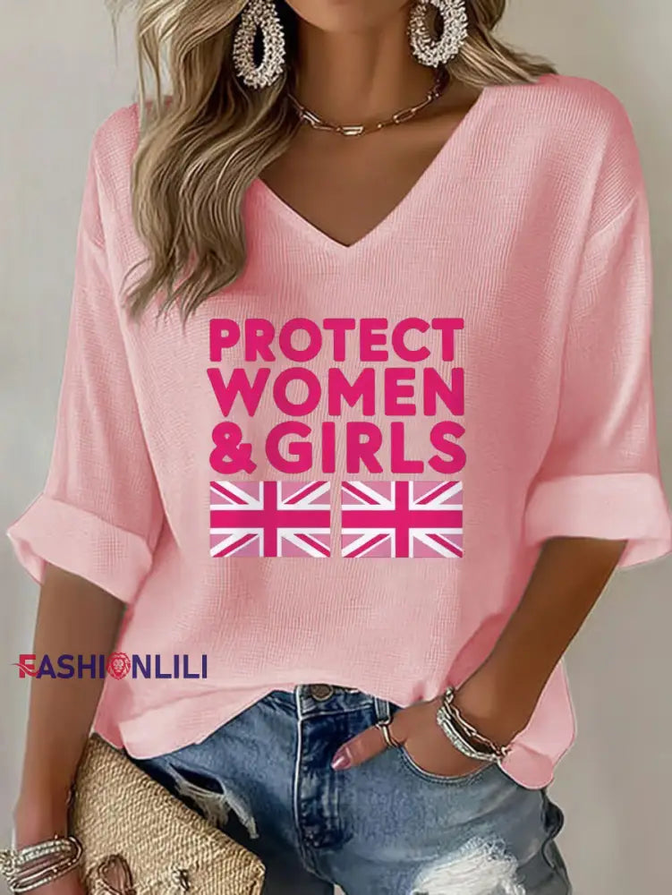 Women’s Protect Women Girls Print Waffle T shirt Pink / S