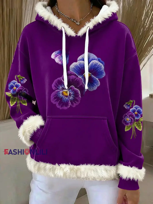 Women’s Purple Art Design Printed Plush Hooded Long Sleeve Top Purple / S