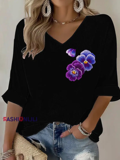 Women’s Purple flowers Art Design Print Waffle Long Sleeve T-Shirt Black / S