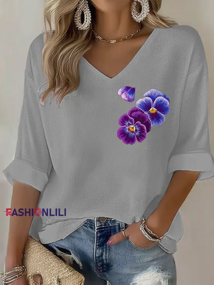 Women’s Purple flowers Art Design Print Waffle Long Sleeve T-Shirt Gray / S