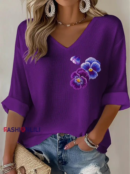 Women’s Purple flowers Art Design Print Waffle Long Sleeve T-Shirt Purple / S
