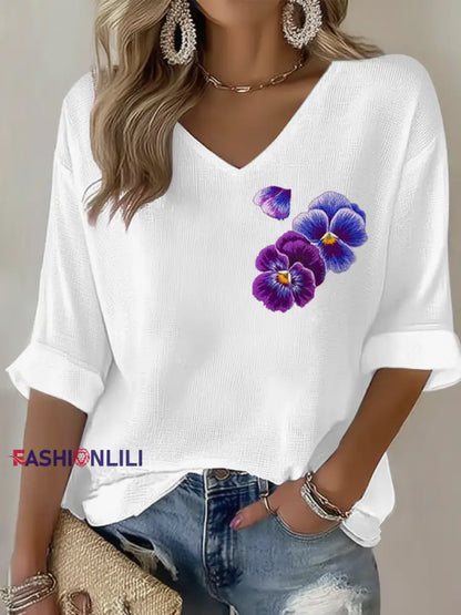 Women’s Purple flowers Art Design Print Waffle Long Sleeve T-Shirt White / S