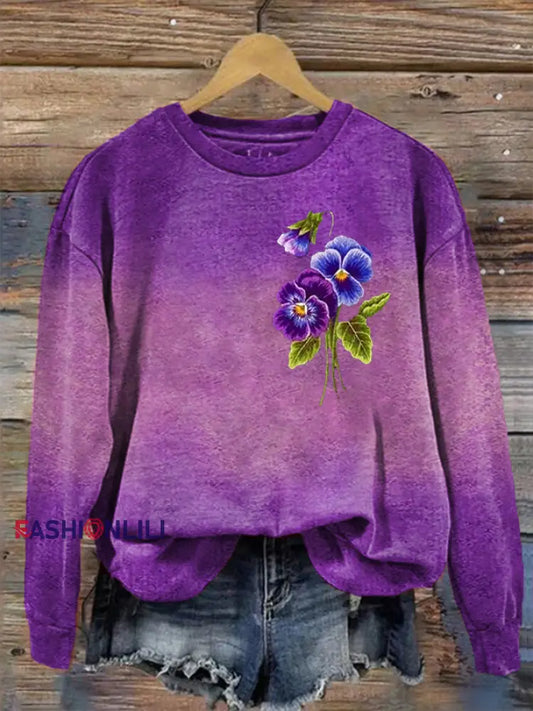 Women’s Purple Gradient Floral Print Regular Sweatshirt Purple / S