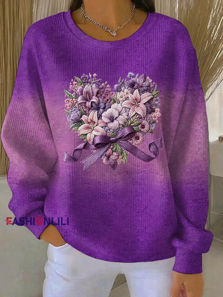Women’s Purple Gradient Floral Print Ribbed Round-Neck Sweatshirt Purple / S
