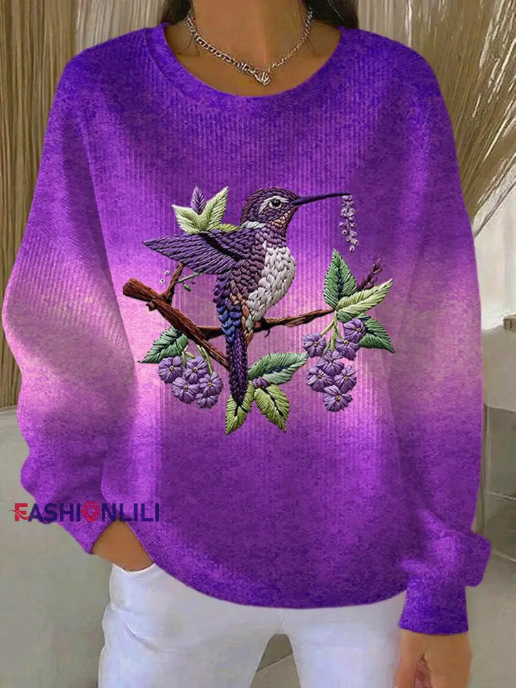 Women’s Purple Gradient Hummingbird Floral Print Casual Sweatshirt As picture / S