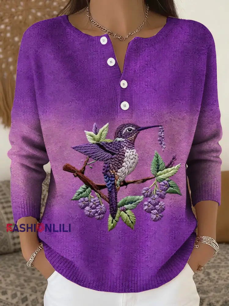 Women‘s Purple Gradient Hummingbird Floral Print long-sleeve cardigan Purple / S