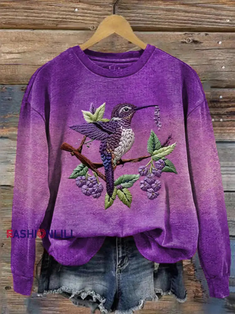 Women’s Purple Gradient Hummingbird Floral Print Regular Sweatshirt Purple / S