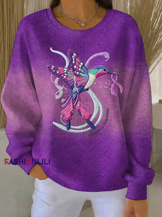 Women’s Purple Gradient hummingbird Floral Print Ribbed Round-Neck Sweatshirt Purple / S