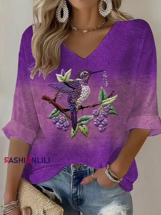 Women’s Purple Gradient Hummingbird Floral Print Waffle T-shirt Purple / S