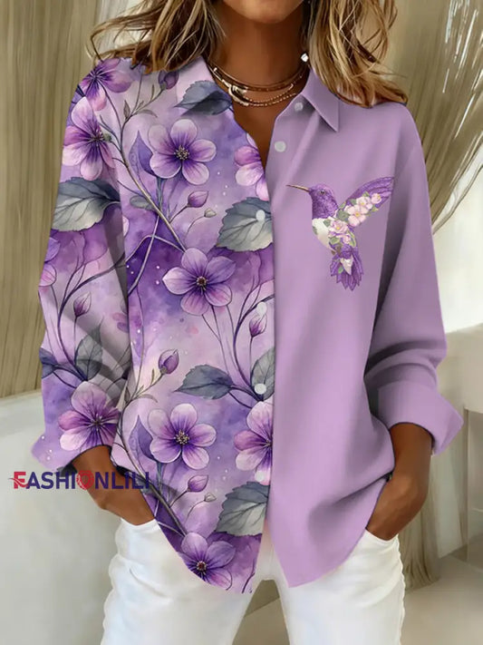 Women’s Purple Hummingbird Floral Print Casual Linen Shirt Purple / S