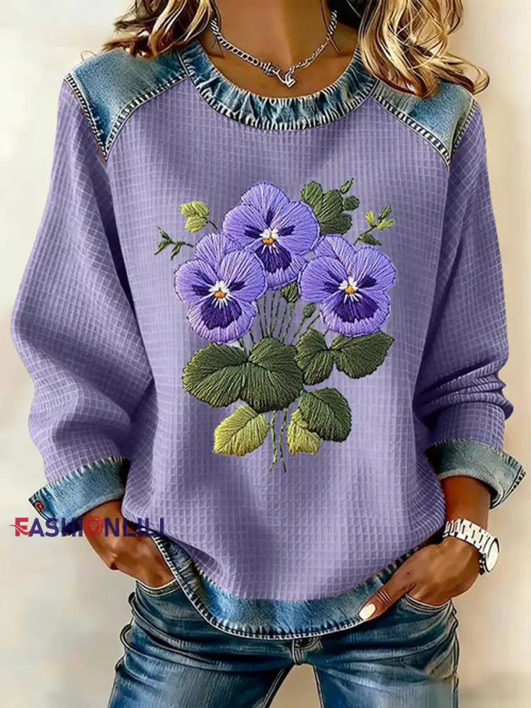 Women’s Purple Pansy Flowers Print Casual Sweatshirt Purple / S
