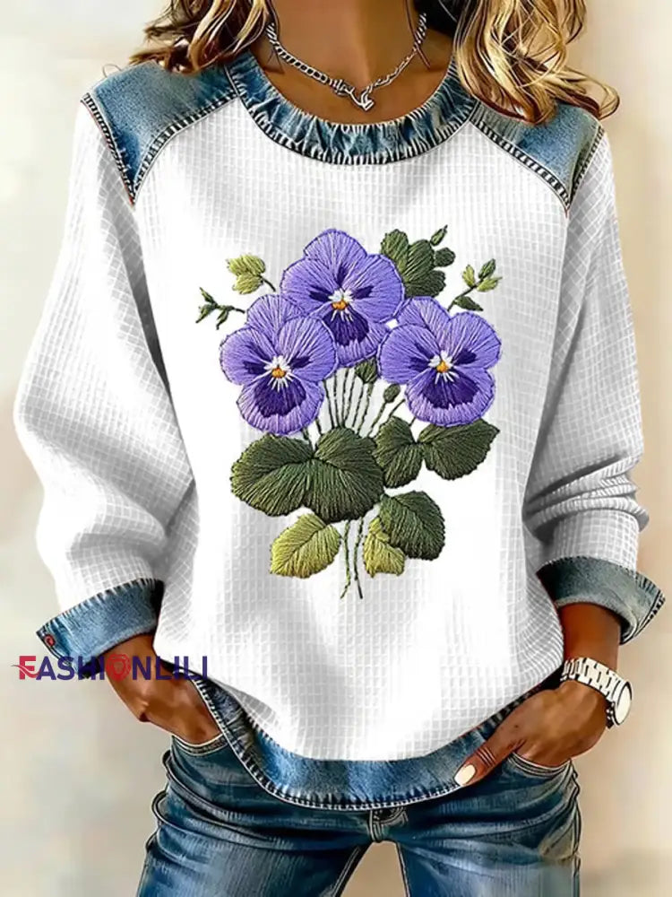 Women’s Purple Pansy Flowers Print Casual Sweatshirt White / S