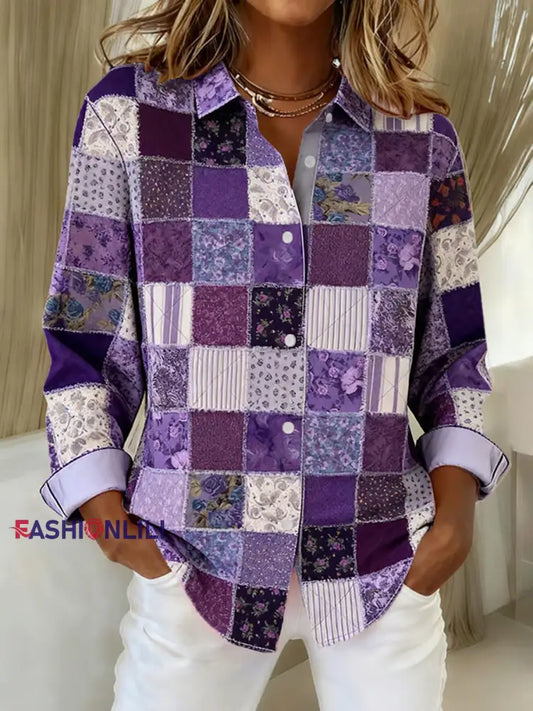 Women’s Purple Patchwork Print Casual Lapel Shirt Purple / S