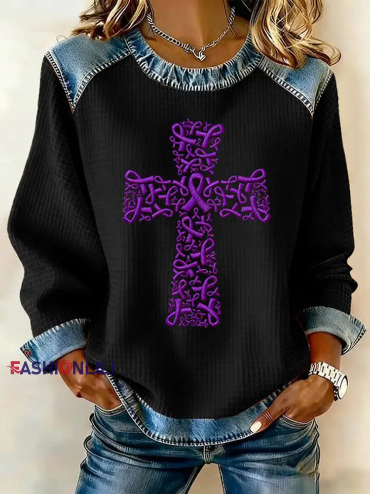 Women’s Purple Ribbon Cross Print Casual Sweatshirt Black / S