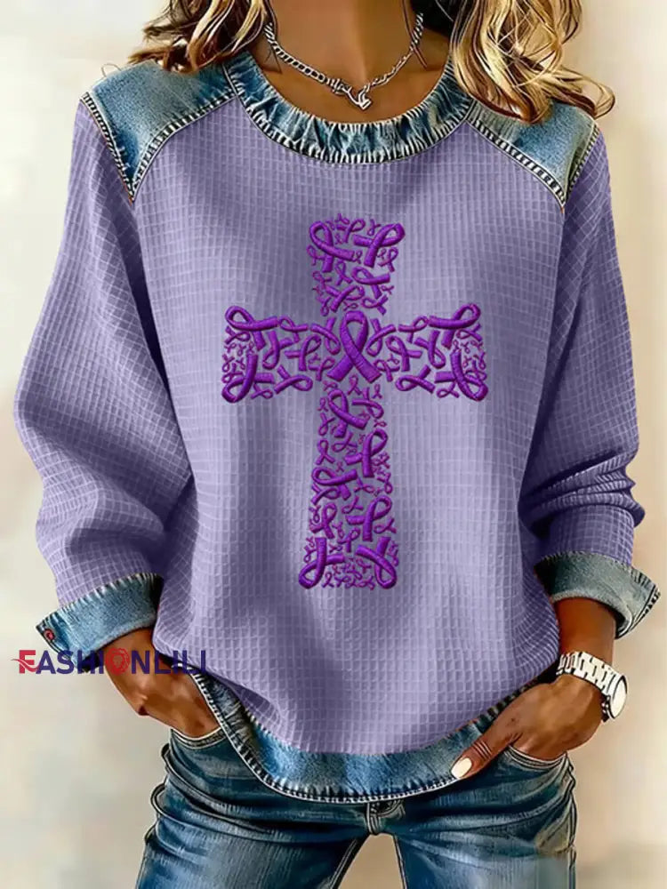 Women’s Purple Ribbon Cross Print Casual Sweatshirt Purple / S