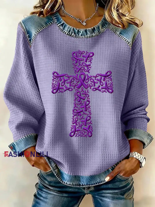 Women’s Purple Ribbon Cross Print Casual Sweatshirt Purple / S