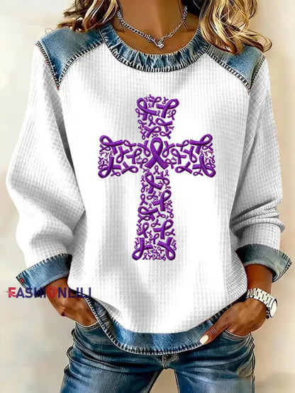 Women’s Purple Ribbon Cross Print Casual Sweatshirt White / S