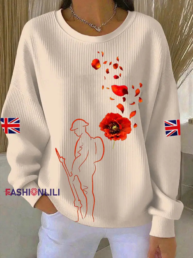 Women’s Remembrance Day Lest We Forge Ribbed Round-Neck Sweatshirt Apricot / S