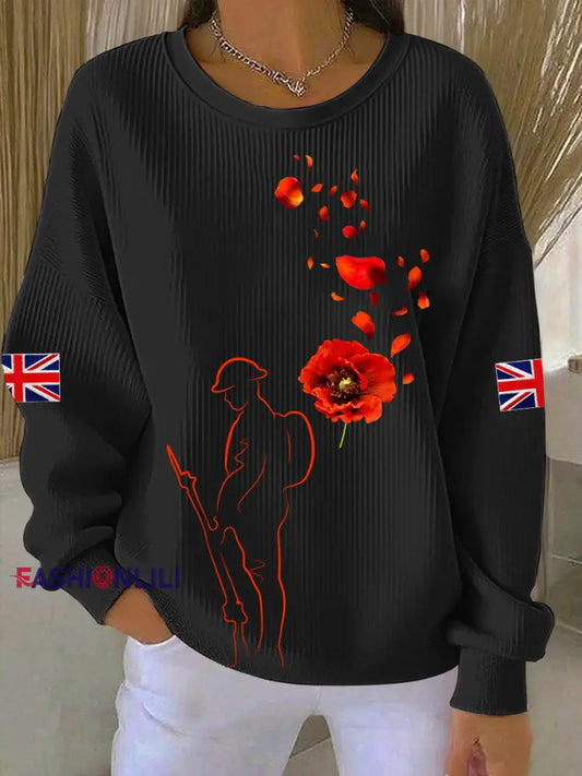 Women’s Remembrance Day Lest We Forge Ribbed Round-Neck Sweatshirt Black / S