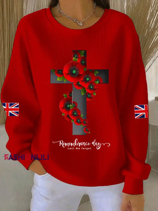 Women’s Remembrance Day Lest We Forget Cross Ribbed Round-Neck Sweatshirt Red / S