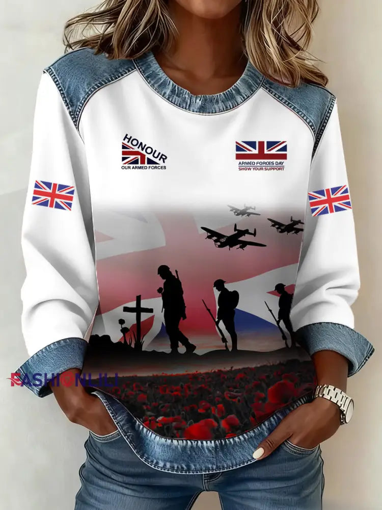 Women’s Remembrance Day Lest We Forget Denim Patchwork Sweatshirt White / S