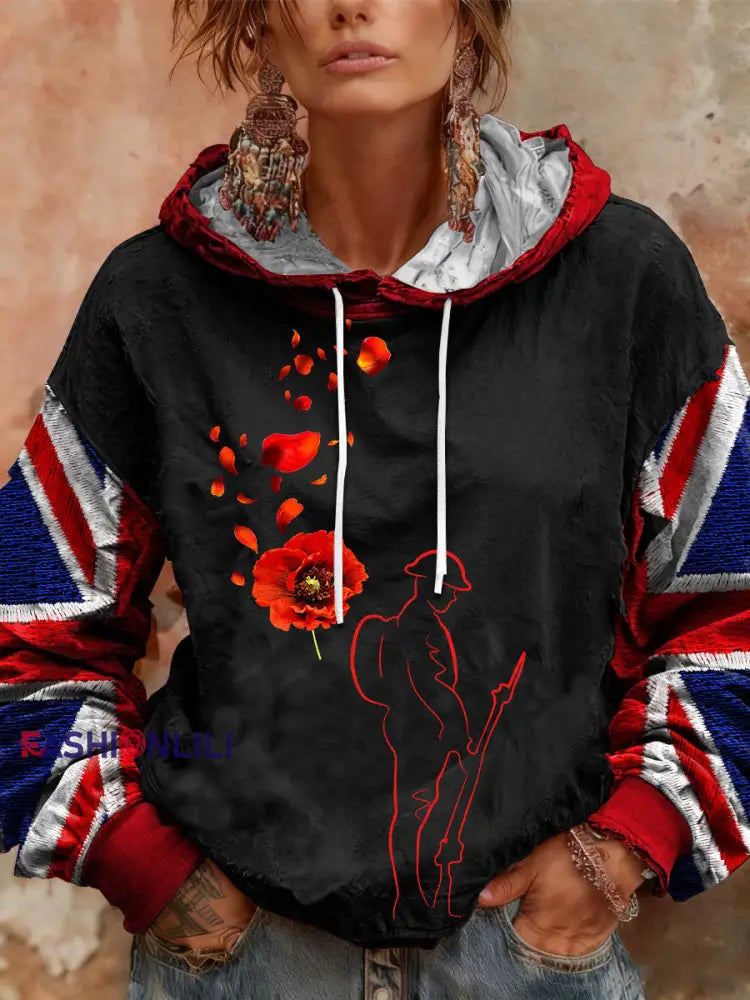 Women’s Remembrance Day Lest We Forget Drawstring Hoodie Black / S