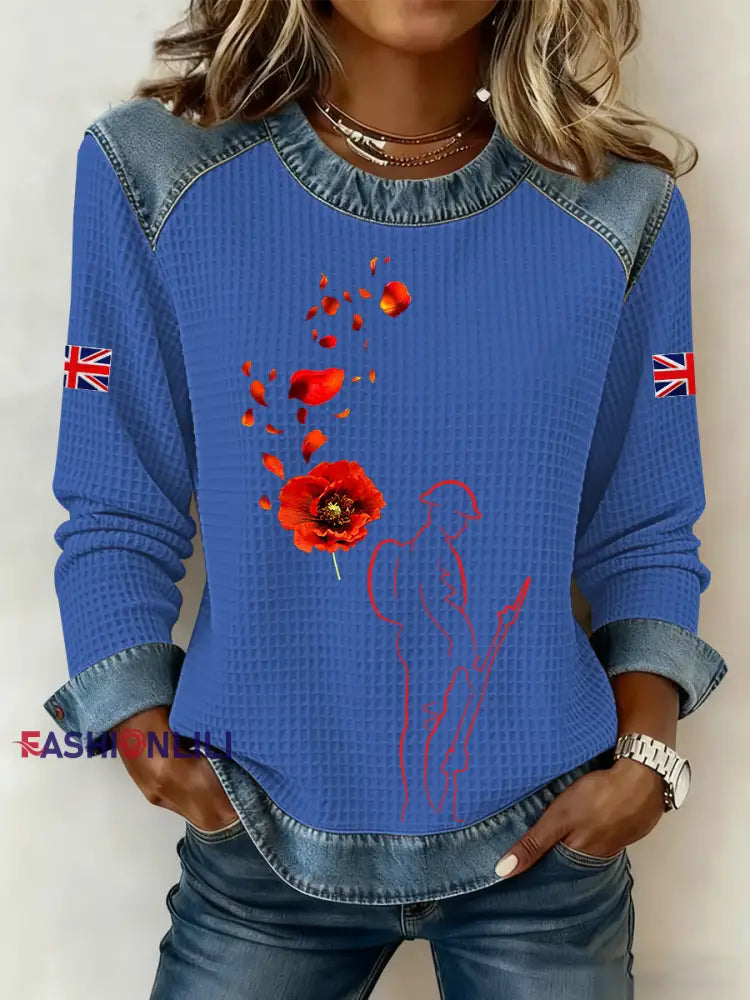 Women’s Remembrance Day Lest We Forget Print Top Blue / S