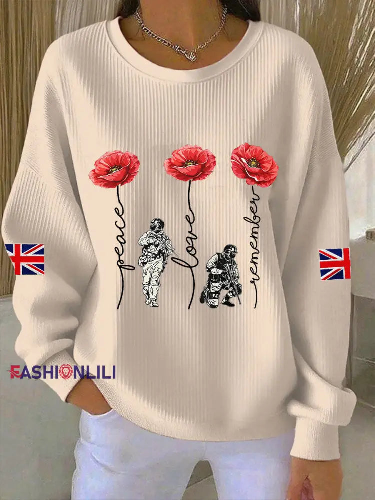Women’s Remembrance Day Lest We Forget Ribbed Round-Neck Sweatshirt Apricot / S