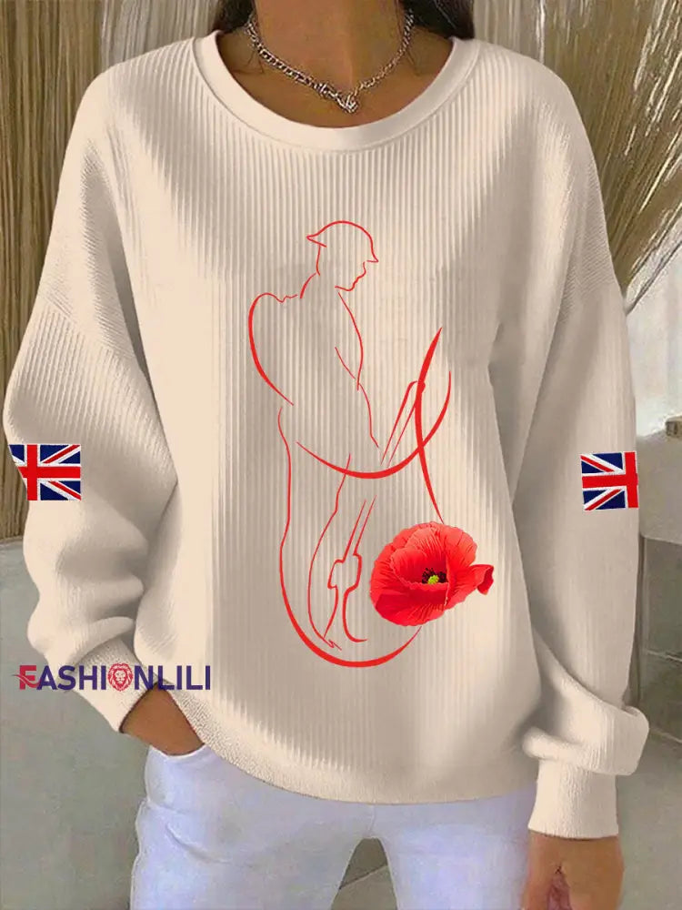 Women’s Remembrance Day Lest We Forget Ribbed Round-Neck Sweatshirt Apricot / S