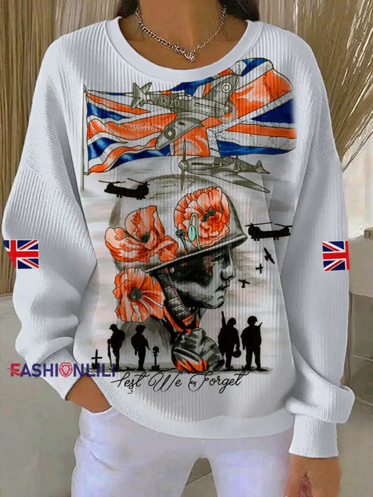 Women’s Remembrance Day Lest We Forget Ribbed Round-Neck Sweatshirt As picture / S