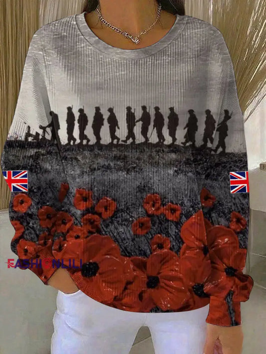 Women’s Remembrance Day Lest We Forget Ribbed Round-Neck Sweatshirt As picture / S