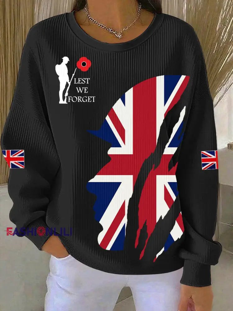 Women’s Remembrance Day Lest We Forget Ribbed Round-Neck Sweatshirt Black / S