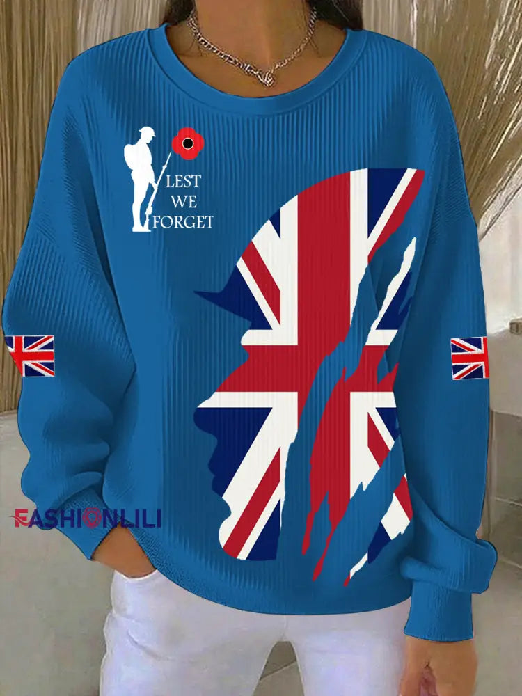 Women’s Remembrance Day Lest We Forget Ribbed Round-Neck Sweatshirt Blue / S