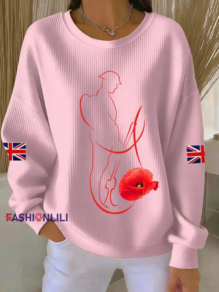 Women’s Remembrance Day Lest We Forget Ribbed Round-Neck Sweatshirt Pink / S