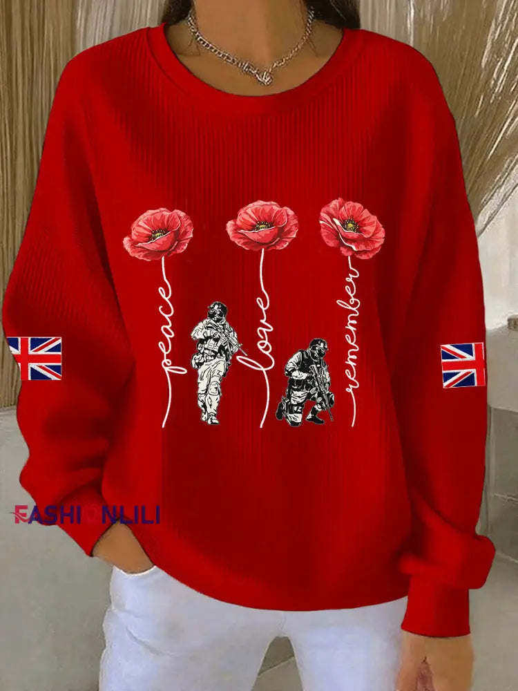Women’s Remembrance Day Lest We Forget Ribbed Round-Neck Sweatshirt Red / S