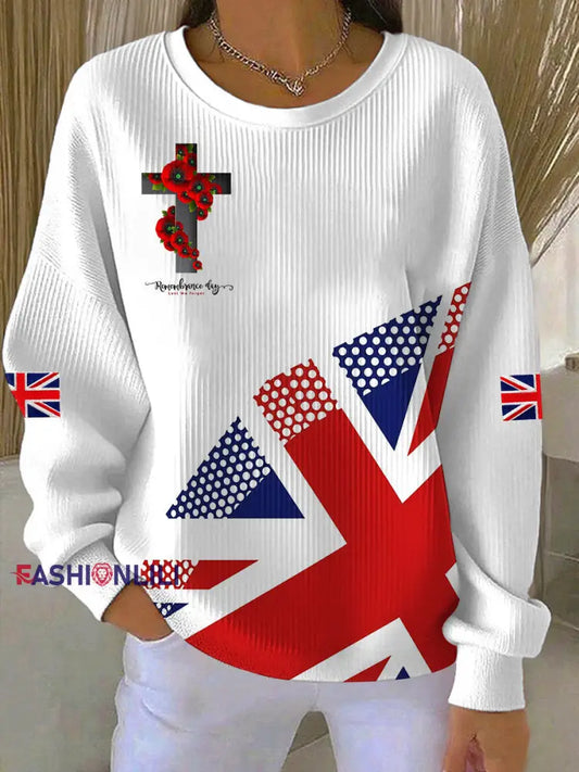 Women’s Remembrance Day Lest We Forget Ribbed Round-Neck Sweatshirt White / S