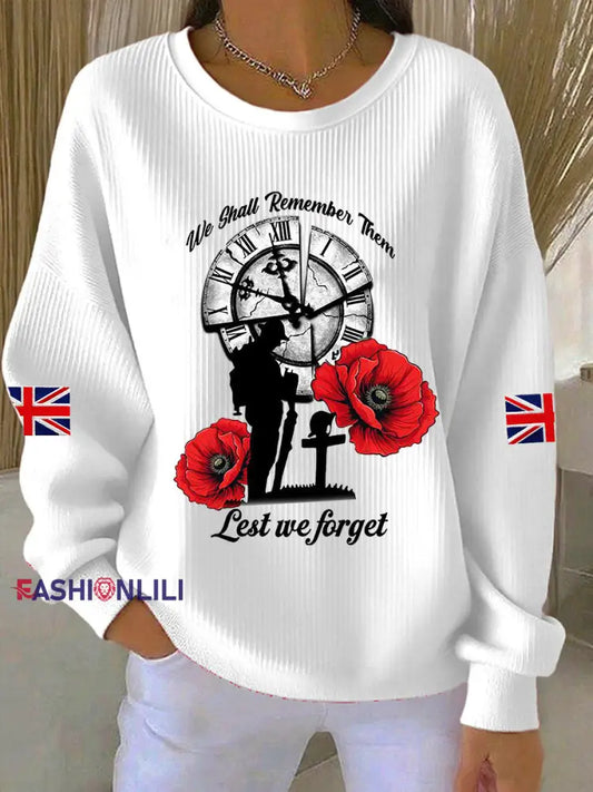 Women’s Remembrance Day Lest We Forget Ribbed Round-Neck Sweatshirt White / S