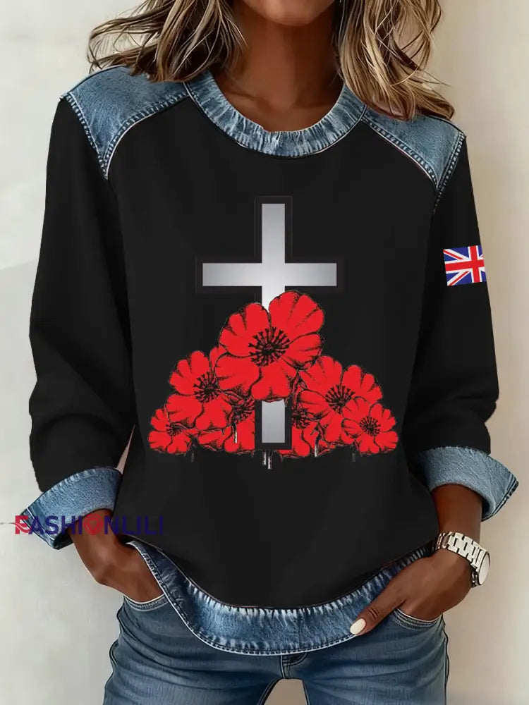 Women’s Remembrance Day Pattern Patchwork Art Sweatshirt Black / S