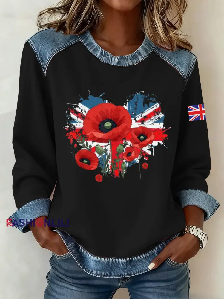 Women’s Remembrance Day Pattern Patchwork Art Sweatshirt Black / S