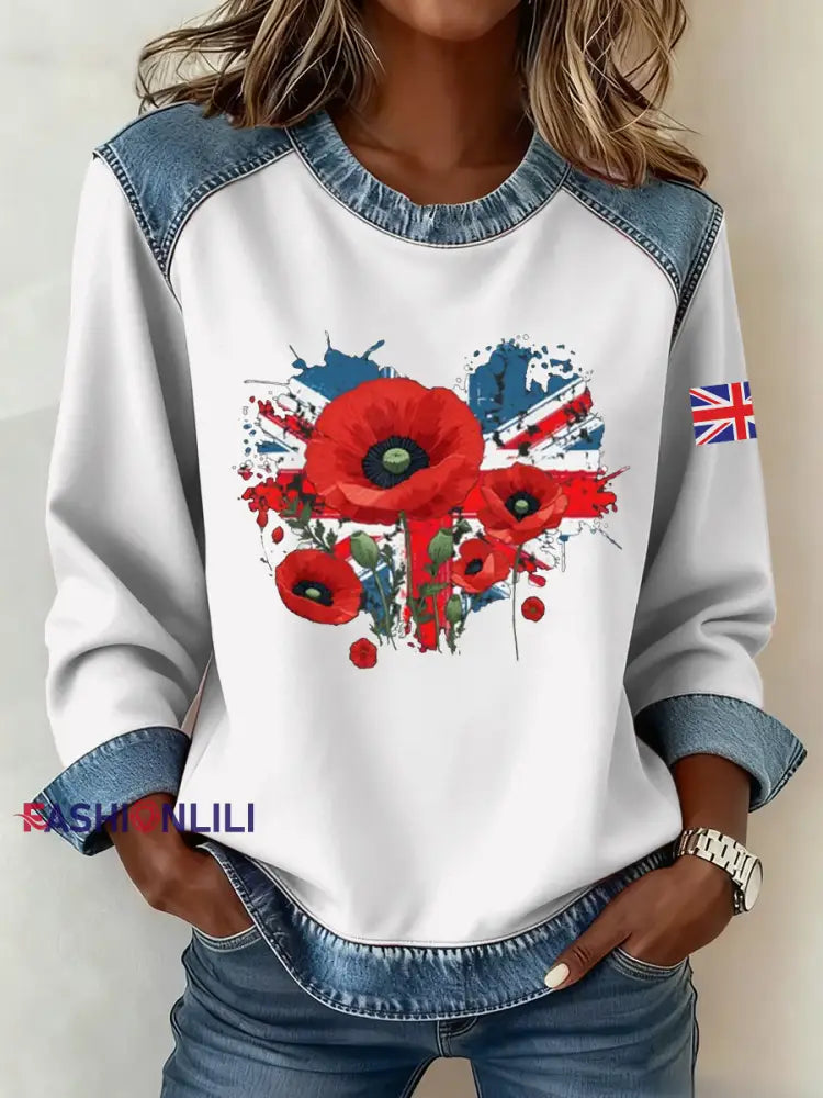 Women’s Remembrance Day Pattern Patchwork Art Sweatshirt White / S
