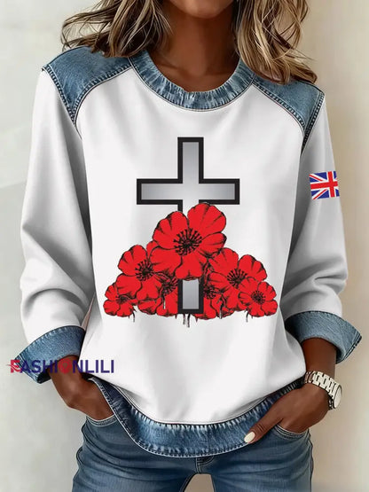 Women’s Remembrance Day Pattern Patchwork Art Sweatshirt White / S