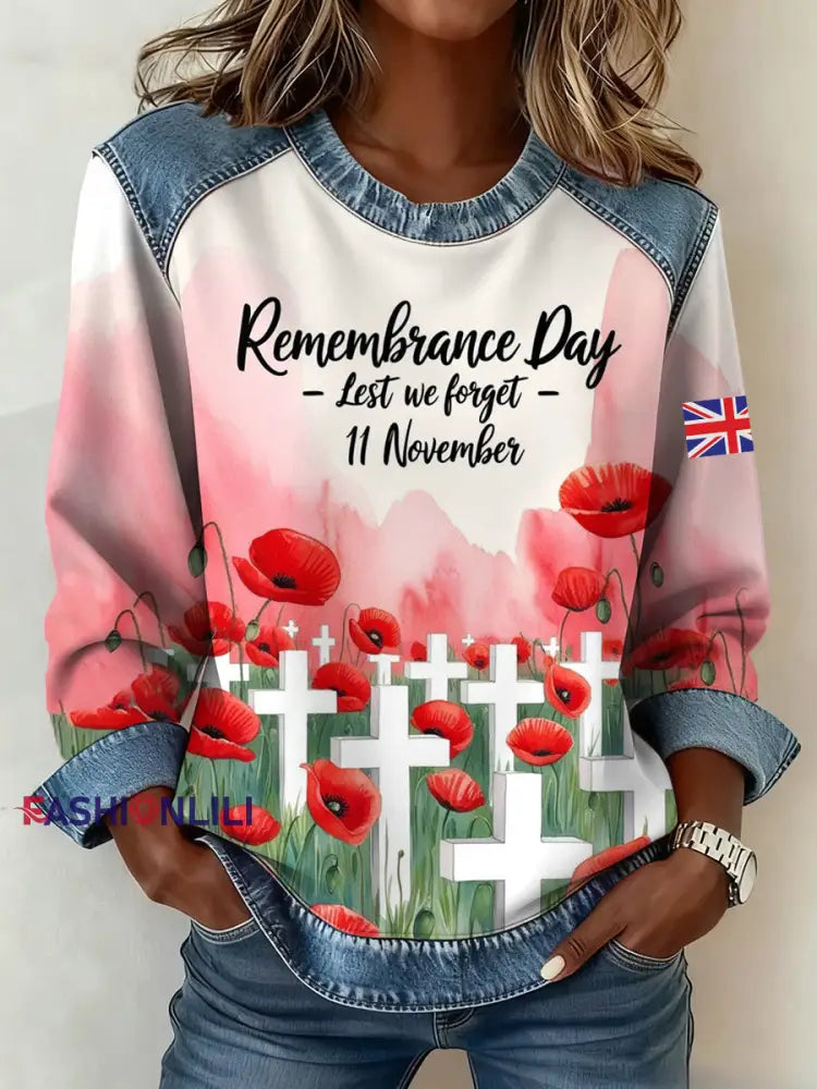 Women’s Remembrance Day Pattern Patchwork Sweatshirt As picture / S