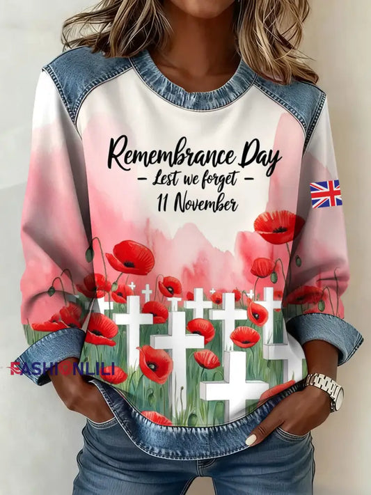 Women’s Remembrance Day Pattern Patchwork Sweatshirt As picture / S