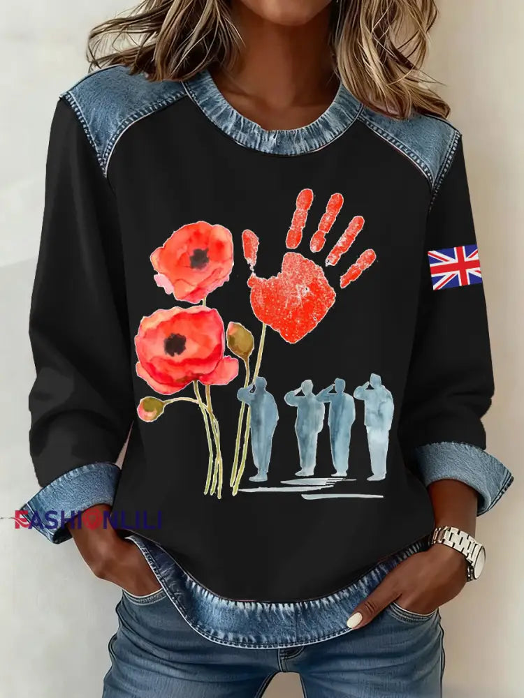 Women’s Remembrance Day Pattern Patchwork Sweatshirt Black / S