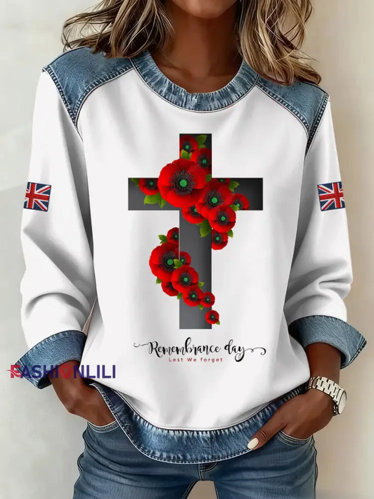 Women’s Remembrance Day Pattern Patchwork Sweatshirt White / S