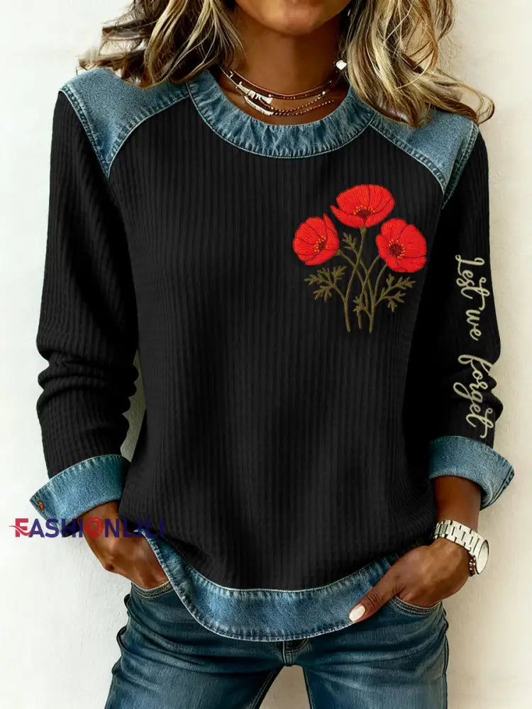 Women’s Remembrance Day Poppy Floral Printed Casual Top Black / S