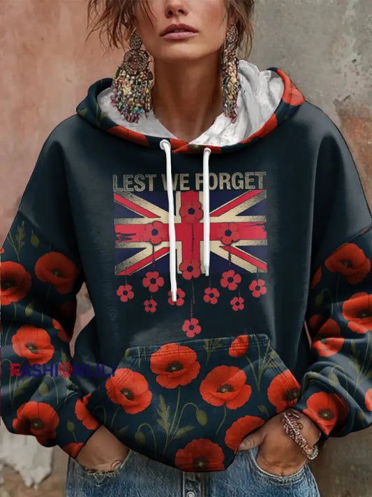 Women’s Remembrance Day Poppy Floral Printed Hoodie As picture / S