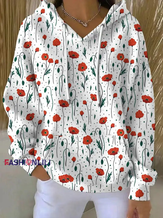 Women’s Remembrance Day Poppy Floral Printed Hoodie As picture / S