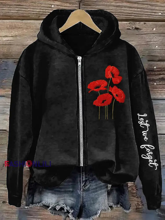 Women’s Remembrance Day Poppy Floral Printed Hoodie Jacket Black / S