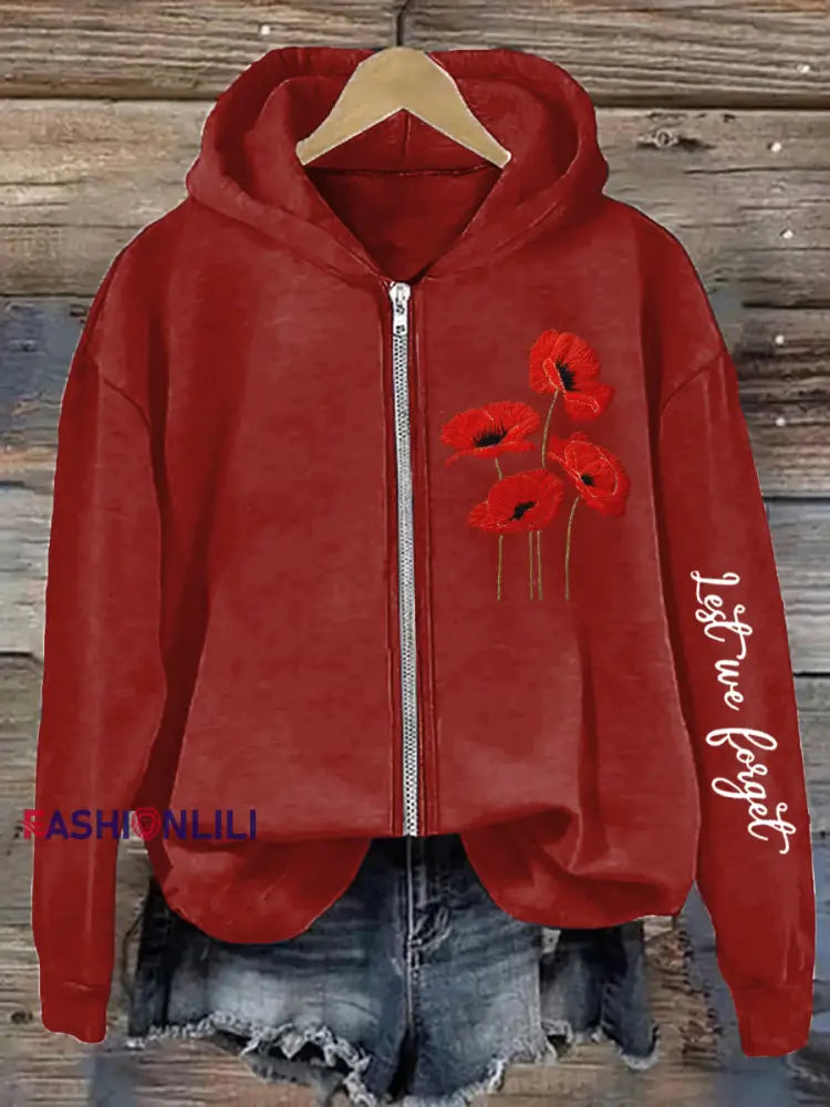 Women’s Remembrance Day Poppy Floral Printed Hoodie Jacket Red / S